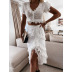 Lace Stitching Short-Sleeved Top Skirt Set NSOYL105908