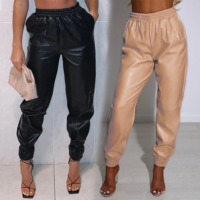 Mid-Waist Pockets Solid Color Casual Long Leather Pants NSHM105944