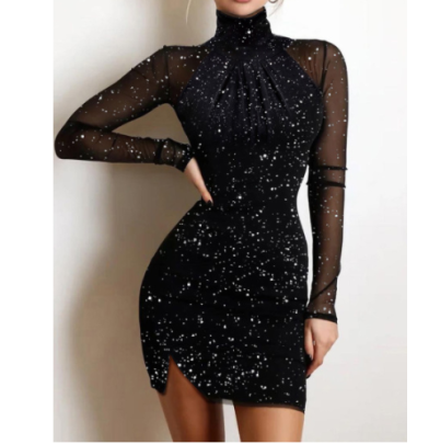 Black Sequined Long-sleeved High-collar Tight Prom Dress Nihaostyles Wholesale Clothing NSXPF105537