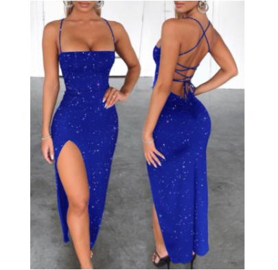 Blue Sequined Tube Top Slit Suspender Prom Dress Nihaostyles Wholesale Clothing NSXPF105522