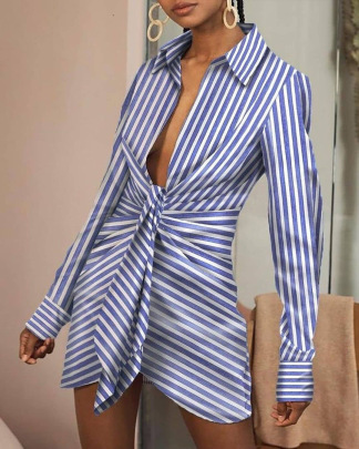Stripe Printed Lace Up Shirt Dress Nihaostyles Clothing Wholesale NSOYL105998