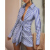 Stripe Printed Lace Up Shirt Dress NSOYL105998