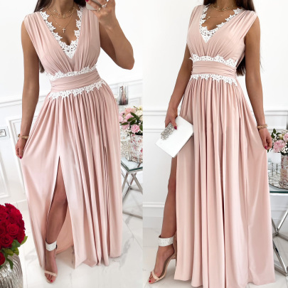 V-neck Lace Loose Slit Prom Dress Nihaostyles Clothing Wholesale NSOYL106011