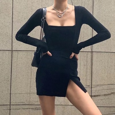 Solid Color Long-sleeved Square Neck Slit Dress Nihaostyles Clothing Wholesale NSPHG106014