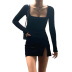 Solid Color Long-Sleeved Square Neck Slit Dress NSPHG106014