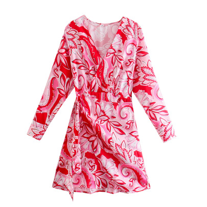 Printed V-neck Long-sleeved Dress Nihaostyles Clothing Wholesale NSXFL106091