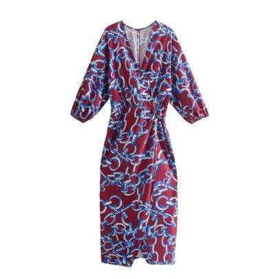 V-neck Long-sleeved Printed Midi Dress Nihaostyles Clothing Wholesale NSXFL106098