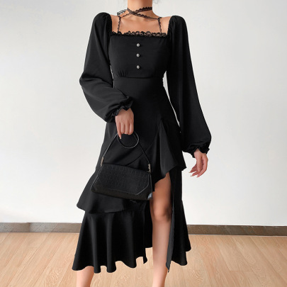 Square Neck Long Sleeve Pure Color Slit Work Dress Nihaostyles Clothing Wholesale NSAFS106123