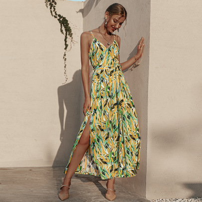 Printed Mid-waist Slit Slip Dress Nihaostyles Clothing Wholesale NSXPF106142