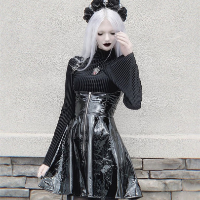 Autumn Punk Dark Style Black PVC Sling Dress Nihaostyles Wholesale Clothing NSGYB99094