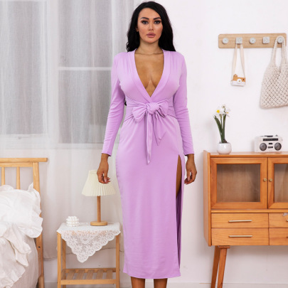 V Neck Slits Long Sleeves Lace-up Dress Nihaostyles Wholesale Clothes NSQMG106339