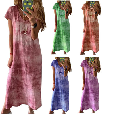 Tie-dye Short-sleeved V-neck Slit Dress Nihaostyles Wholesale Clothing NSYHY106384