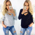 Solid Color Hollow V-Neck Long-Sleeved Knitted T-Shirt NSYHY106399