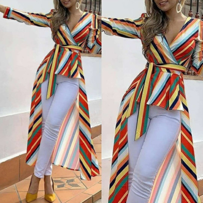 Rainbow Striped Long Sleeve Lace-up Dress Nihaostyles Wholesale Clothes NSHMP106441