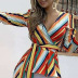 Rainbow Striped Long Sleeve Lace-Up Dress NSHMP106441