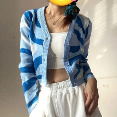 V-neck Water Ripple Camouflage Knitted Cropped Cardigan Nihaostyles Clothing Wholesale NSJXW106471