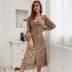 Leopard Print V-Neck Long-Sleeved Slit Dress NSYYF106525