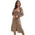 Leopard Print V-Neck Long-Sleeved Slit Dress NSYYF106525