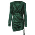 Solid Color V-Neck Long-Sleeved Drawstring Sheath Dress NSLJ106565