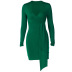 Solid Color V-Neck Long-Sleeved Sheath Dress NSLJ106567