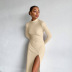 Solid Color Pit Strip Slim Long-Sleeved Slit Dress NSLJ106571
