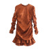 Brown Pleated Jacquard Long-Sleeved Tight Dress NSXFL106600