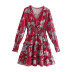 Red Long-Sleeved Floral Print Layered Dress NSXFL106612