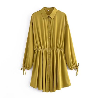 Yellow Lantern Sleeved Satin Elastic Shirt Dress NSXFL106614