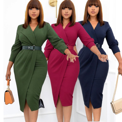 Long-sleeved Solid Color Wrap Dress With Belt Nihaostyles Clothing Wholesale NSATL106717
