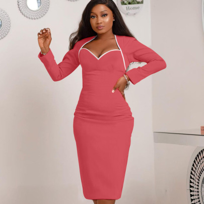 Pink Mid-length-sleeved Low-neck Solid Color Work Dress Nihaostyles Clothing Wholesale NSQMG106785