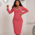 Pink Mid-Length-Sleeved Low-Neck Solid Color Work Dress NSQMG106785