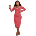 Pink Mid-Length-Sleeved Low-Neck Solid Color Work Dress NSQMG106785