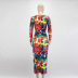 V-Neck Long-Sleeved Printed Slim Dress NSQMG106792