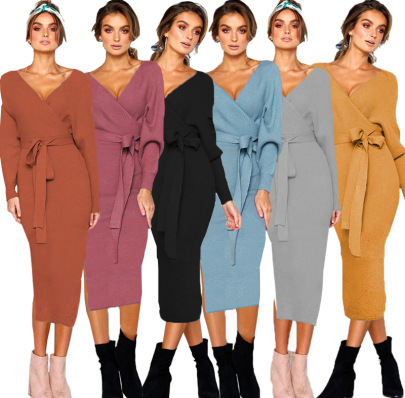 Split V-neck Lace-up Long-sleeved Dress Nihaostyles Wholesale Clothes NSSYV106797