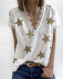 Sequined Five-Pointed Star Printed V-Neck T-Shirt NSYHY106850