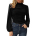 Solid Color Lantern Sleeved High Collar Pleated T-Shirt NSYHY106865