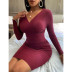 Sexy Long-Sleeved Threaded V-Neck Package Hip Dress NSYHY106890