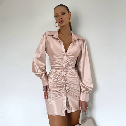 Solid Color Lantern Sleeve Lapel Buttoned Backless Shirt Dress Nihaostyles Clothing Wholesale NSLJ107066