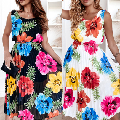 Round Neck Sleeveless Backless Printed Floral Pleated Dress NSHM107077