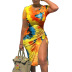 Tie-Dye Print Bag Hip Slit Tether Slim Dress NSHM107082