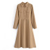Brown Long-Sleeved Lapel Belted Casual Shirt Dress NSXFL107096