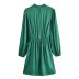 Green Silk Satin Texture Lantern Sleeved Knotted Dress NSXFL107101