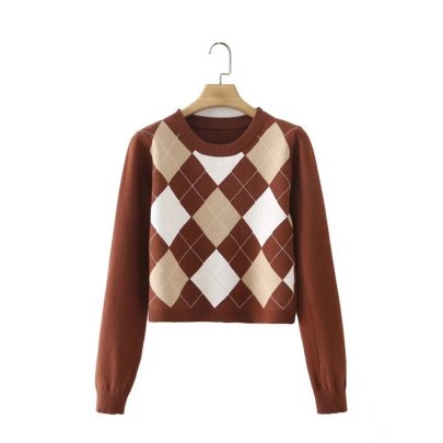 Brown Rhombus Color Matching Sweater Nihaostyles Wholesale Clothing NSXFL107106