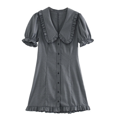 Gray Lotus Leaf Lapel Short-sleeved Dress Nihaostyles Wholesale Clothing  NSXFL107107