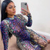 Round Neck Mesh Print Long-Sleeved Jumpsuit NSZH107133