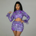 Hollow Purple Flower Sequin Feather Stitching Two Piece Set NSCYF107342