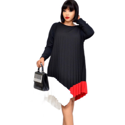 Pleated Color Matching Long-sleeved Irregular A-line Dress Nihaostyles Clothing Wholesale NSATL107375