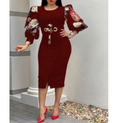 Solid Color Round Neck Printed Puff Sleeves Work Dress Nihaostyles Clothing Wholesale NSATL106703