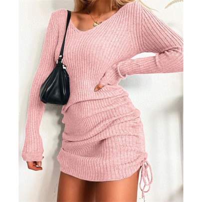 V-neck Long Sleeve Slim Thread Pleated Drawstring Knitted Dress Nihaostyles Clothing Wholesale NSSYV107442