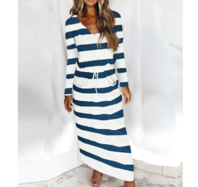Striped Print V-neck Long-sleeved Dress Nihaostyles Wholesale Clothing NSYHY106843